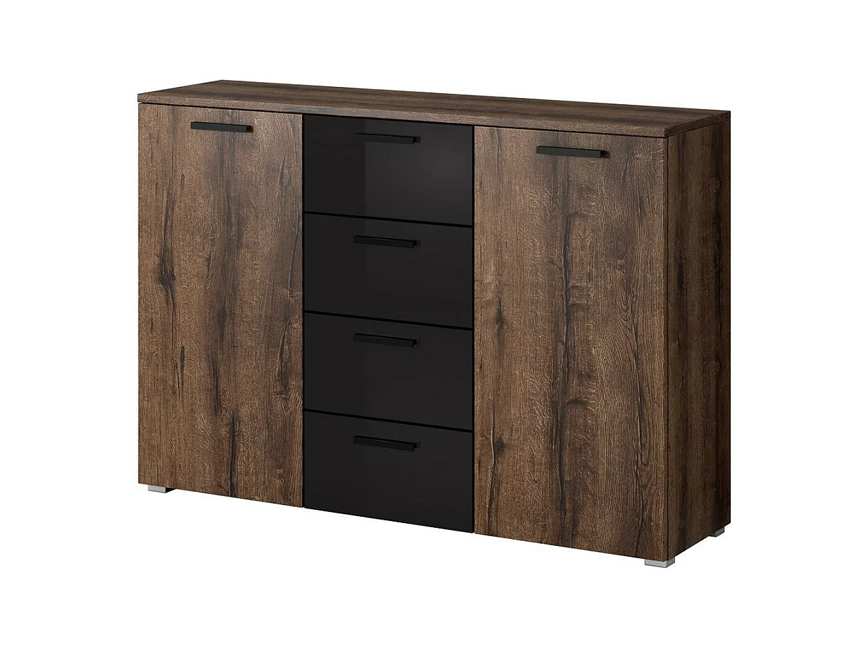 Chambre à coucher FLOYD : Armoire 200cm, Lit 140x200, commode, chevets. Couleur chêne foncé et noir brillant