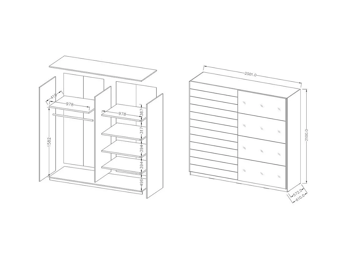 Schlafzimmer FLOYD: Kleiderschrank 200 cm, Bett 140x200, Kommode, Nachttische. Farbe Dunkel-Eiche und glänzend Schwarz.