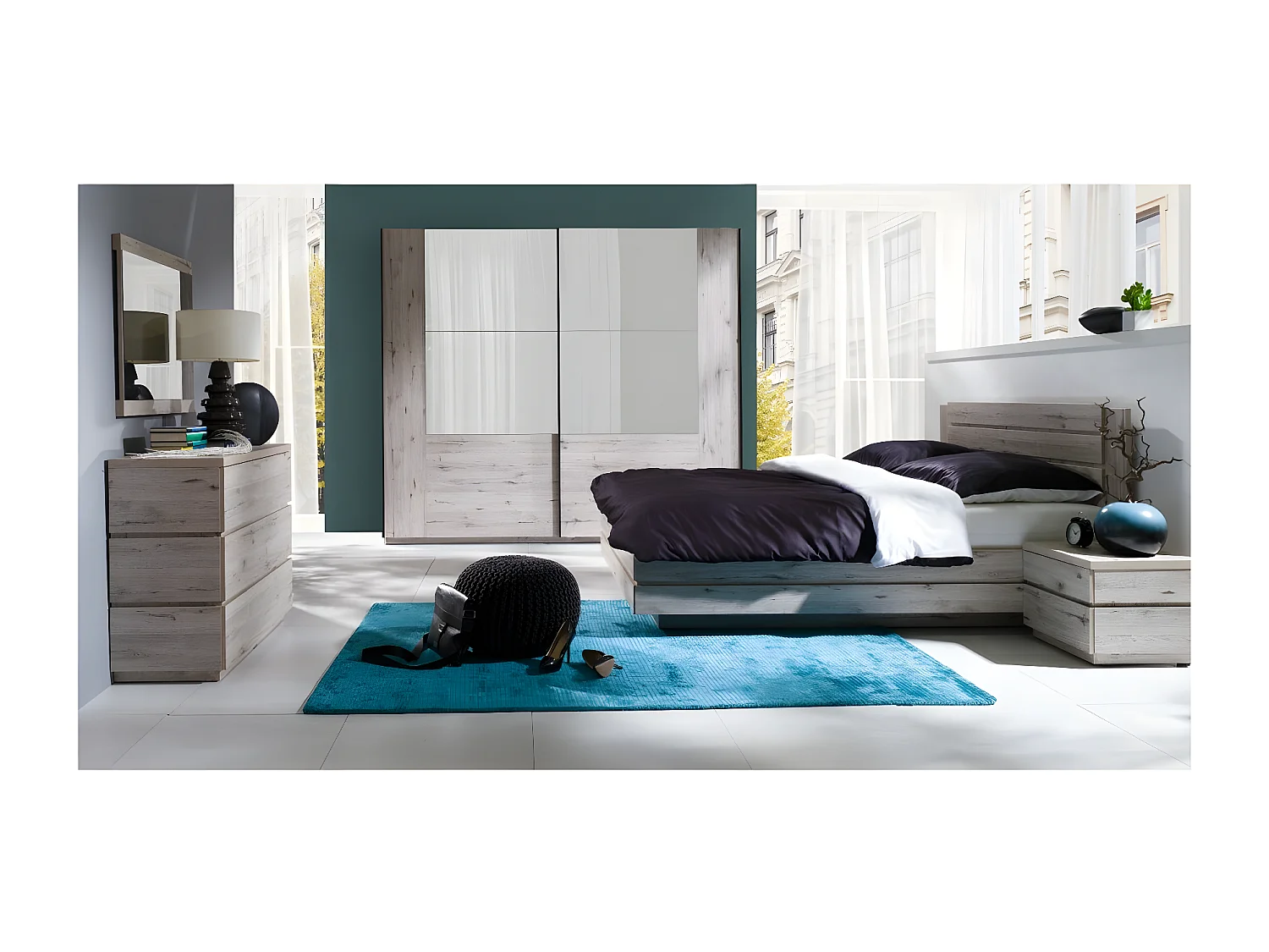 Chambre Adulte Complète Atlas Homewares - Lit + Sommier + Penderie + Commode En Aulne