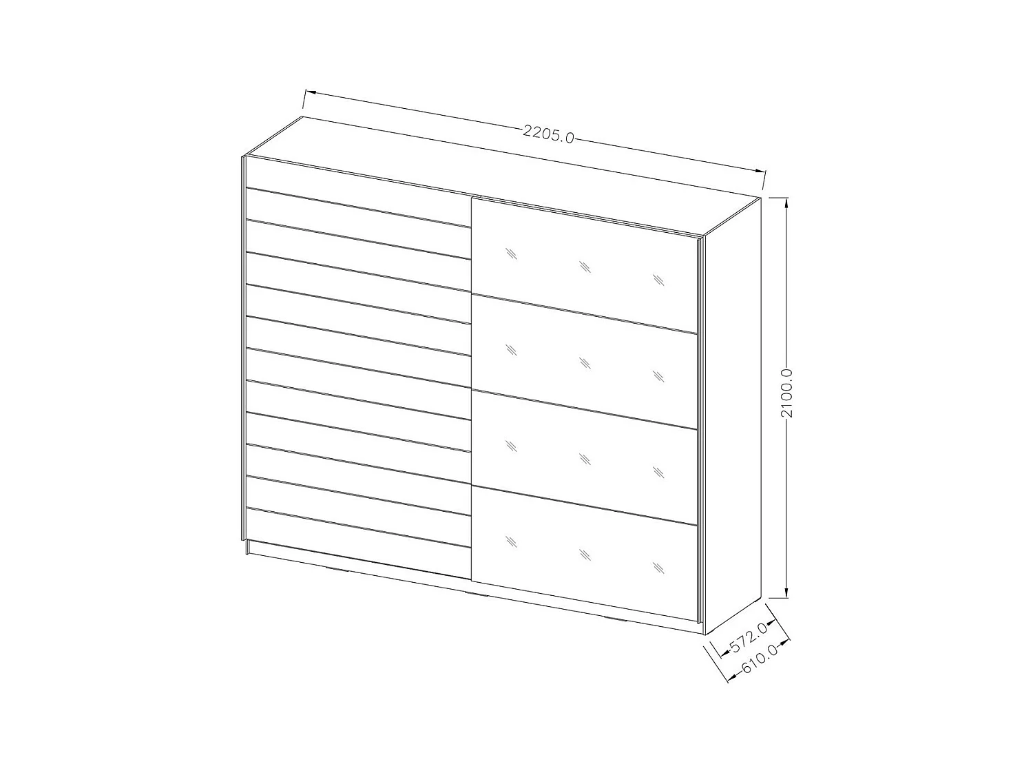 Chambre à coucher EOS : Armoire 220x210, Lit 160, commode, chevets. Couleur chêne foncé et noir