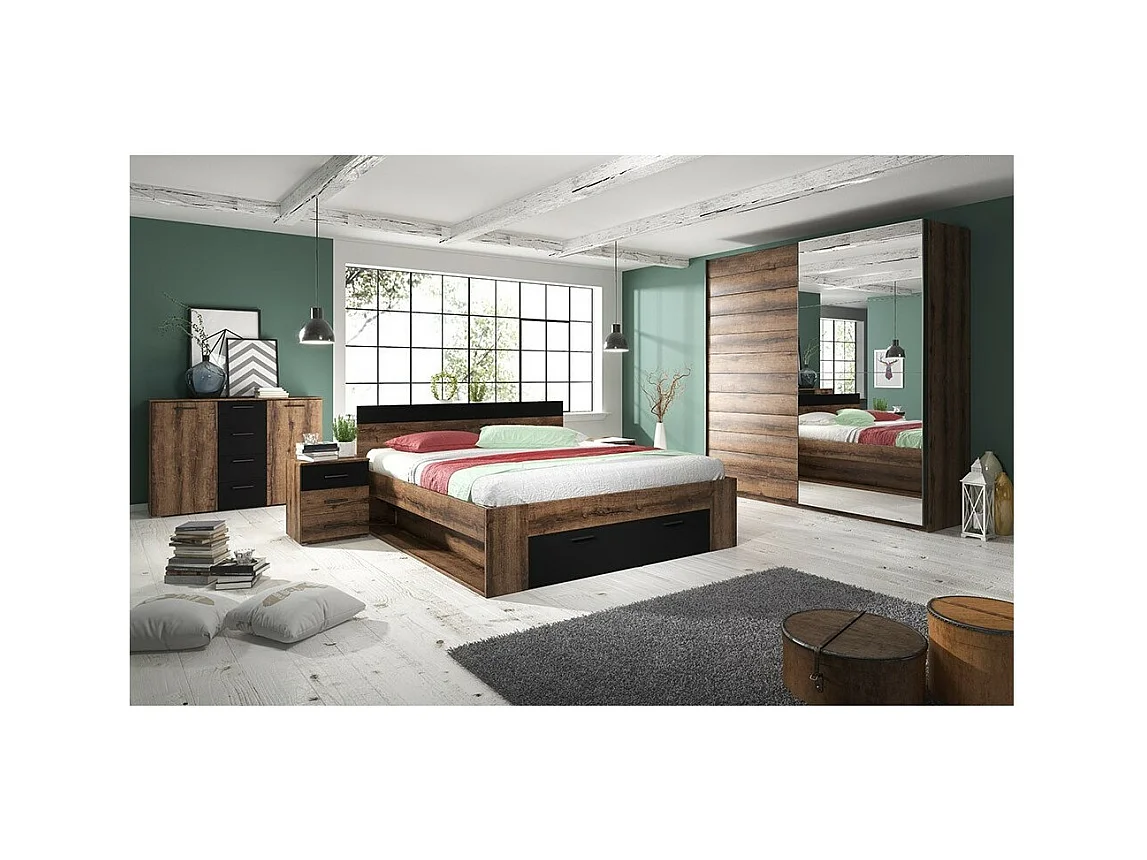 Chambre à coucher EOS : Armoire 220x210, Lit 160, commode, chevets. Couleur chêne foncé et noir