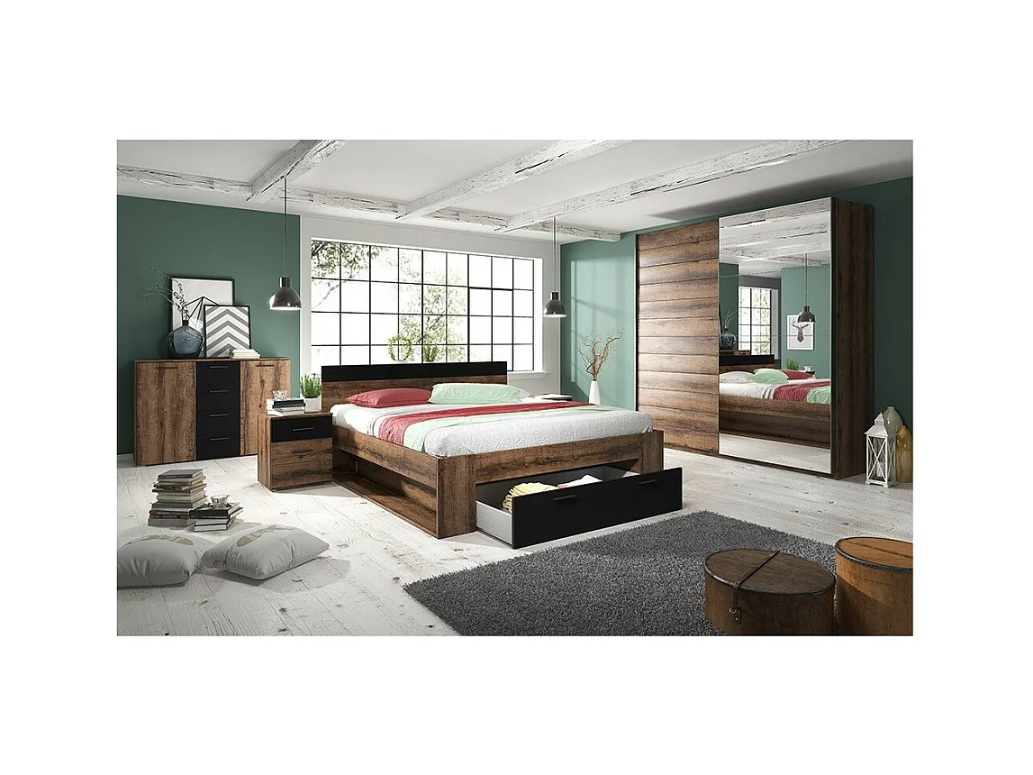 Quarto EOS: Armário 220x210, Cama de 160, Cômoda, Mesas de cabeceira. Cor carvalho escuro e preto.