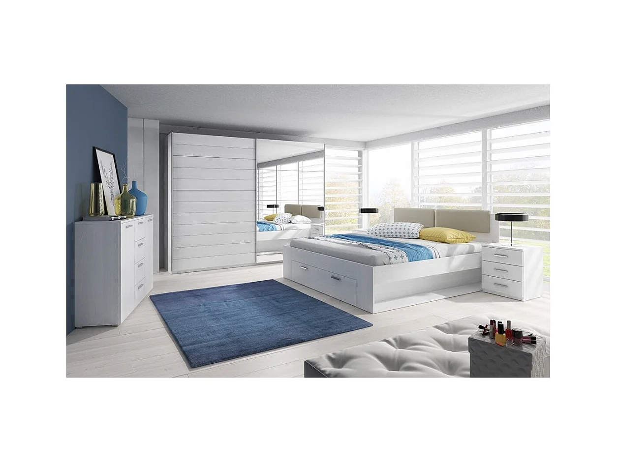 Chambre à coucher FLOYD : Armoire 220cm, Lit 160x200, commode, chevets. Coloris blanc effet bois.