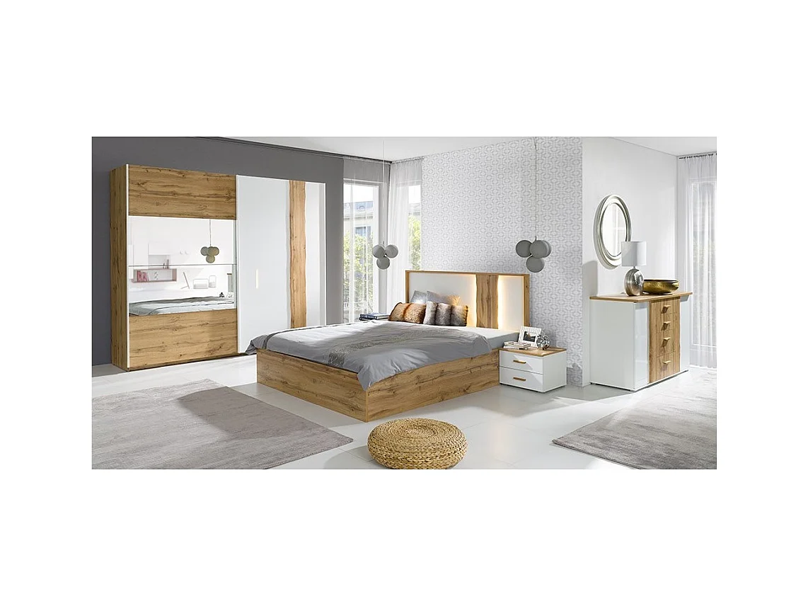 Zimmer WOOD in Eichen- und Weißfarben mit 160x200 LED-Bett, Kommode, Nachttischen und Kleiderschrank