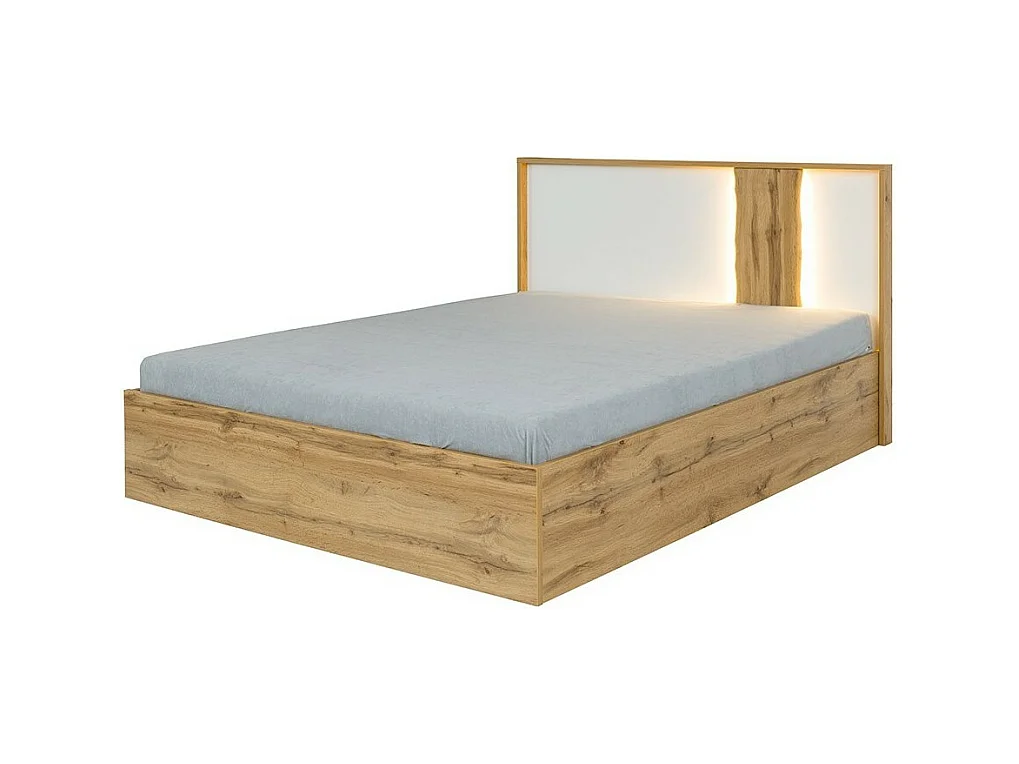 Zimmer WOOD in Eichen- und Weißfarben mit 160x200 LED-Bett, Kommode, Nachttischen und Kleiderschrank