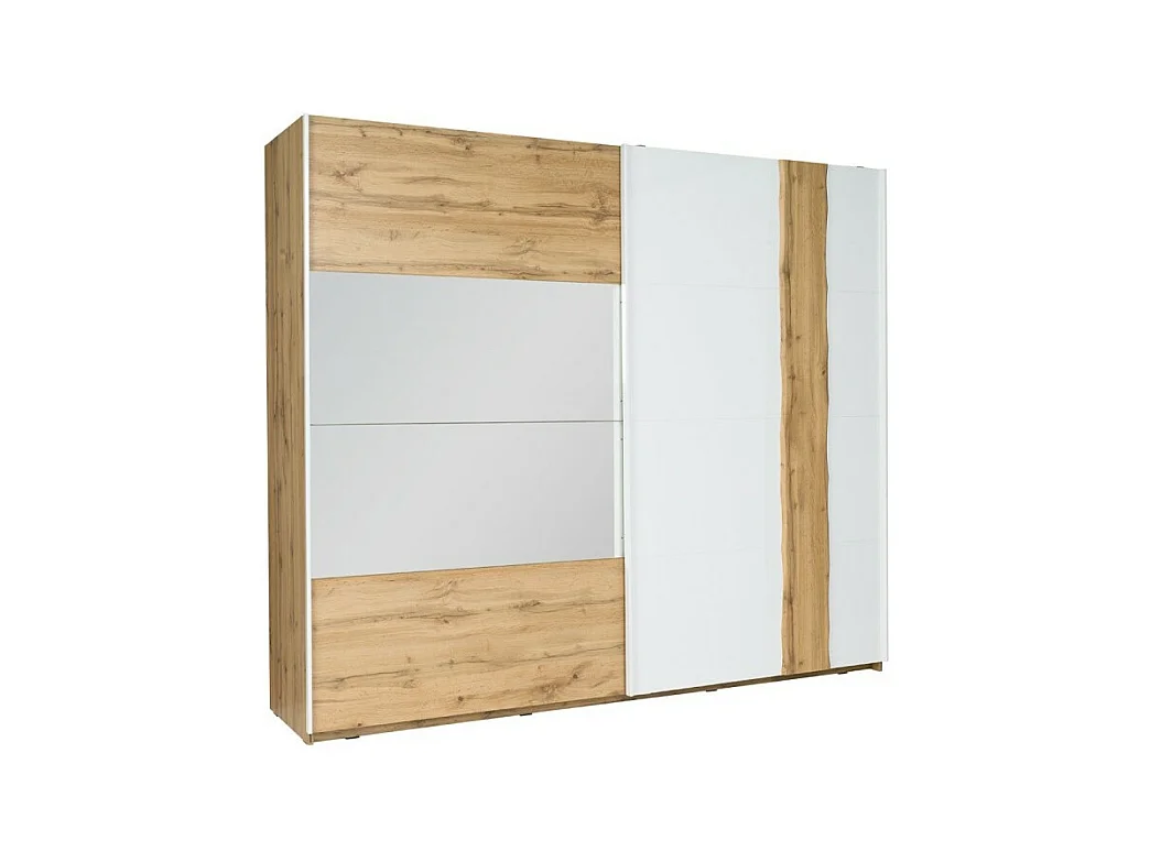 Kamer WOOD in eiken en wit kleur met een 160x200 LED-bed, commode, nachtkastjes en kledingkast