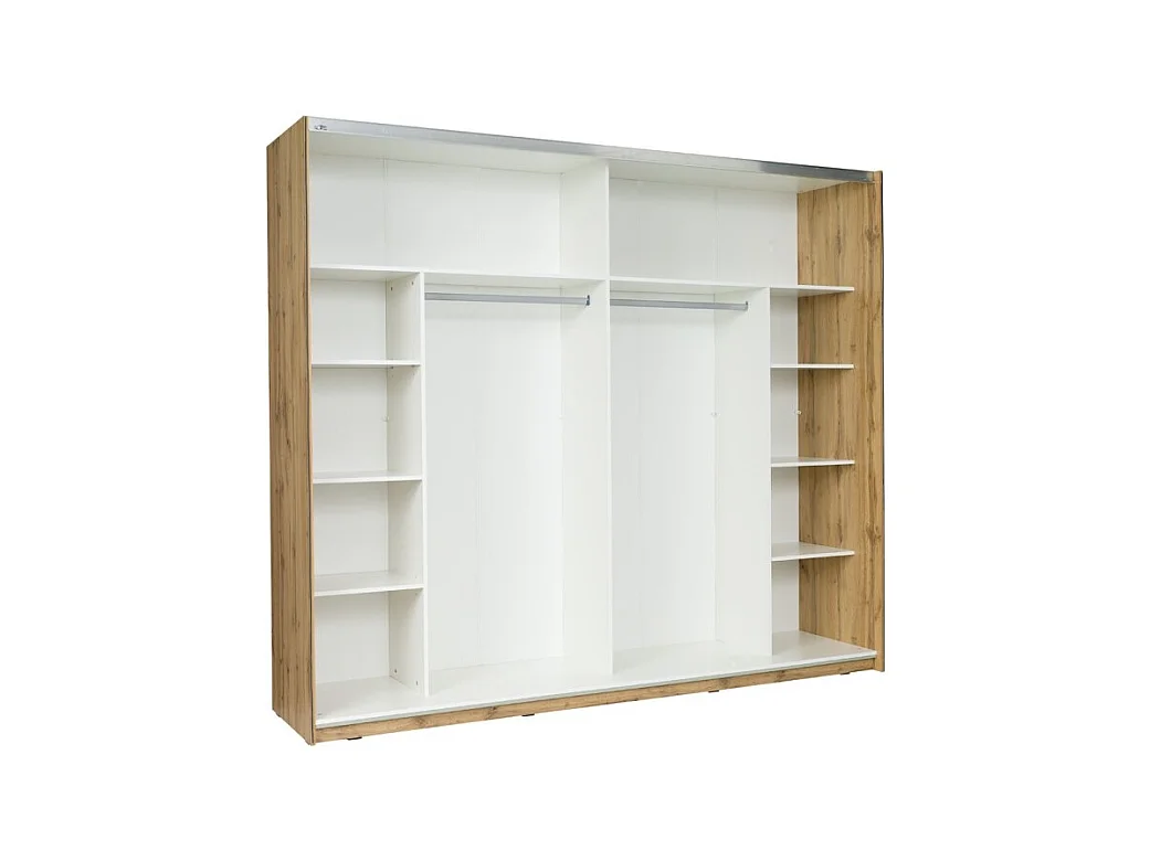 Kamer WOOD in eiken en wit kleur met een 160x200 LED-bed, commode, nachtkastjes en kledingkast