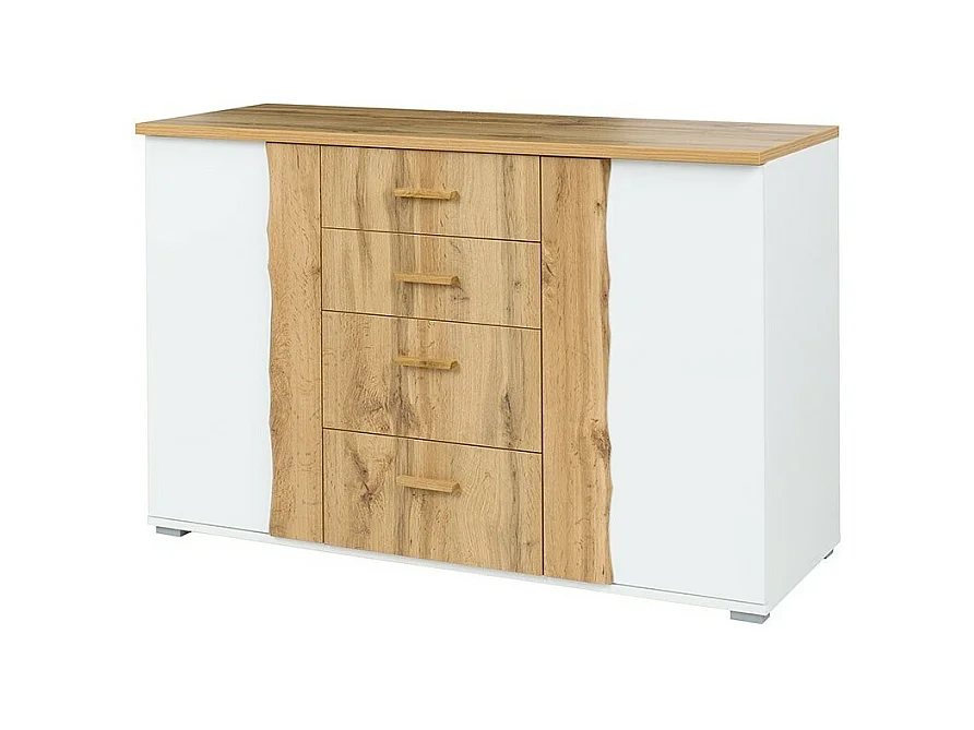 Kamer WOOD in eiken en wit kleur met een 160x200 LED-bed, commode, nachtkastjes en kledingkast