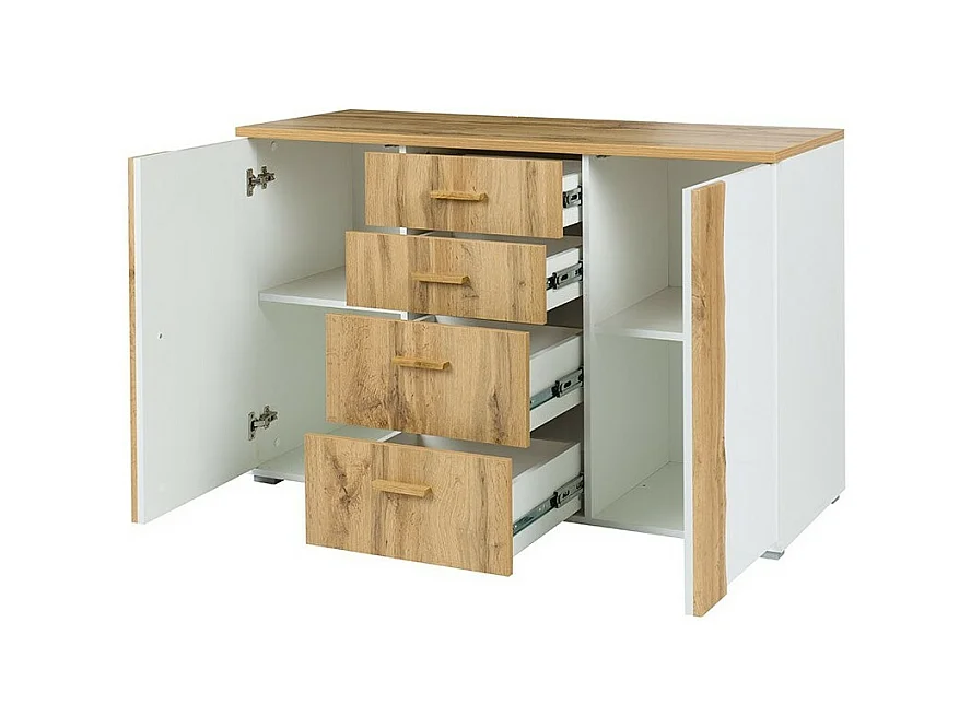 Kamer WOOD in eiken en wit kleur met een 160x200 LED-bed, commode, nachtkastjes en kledingkast