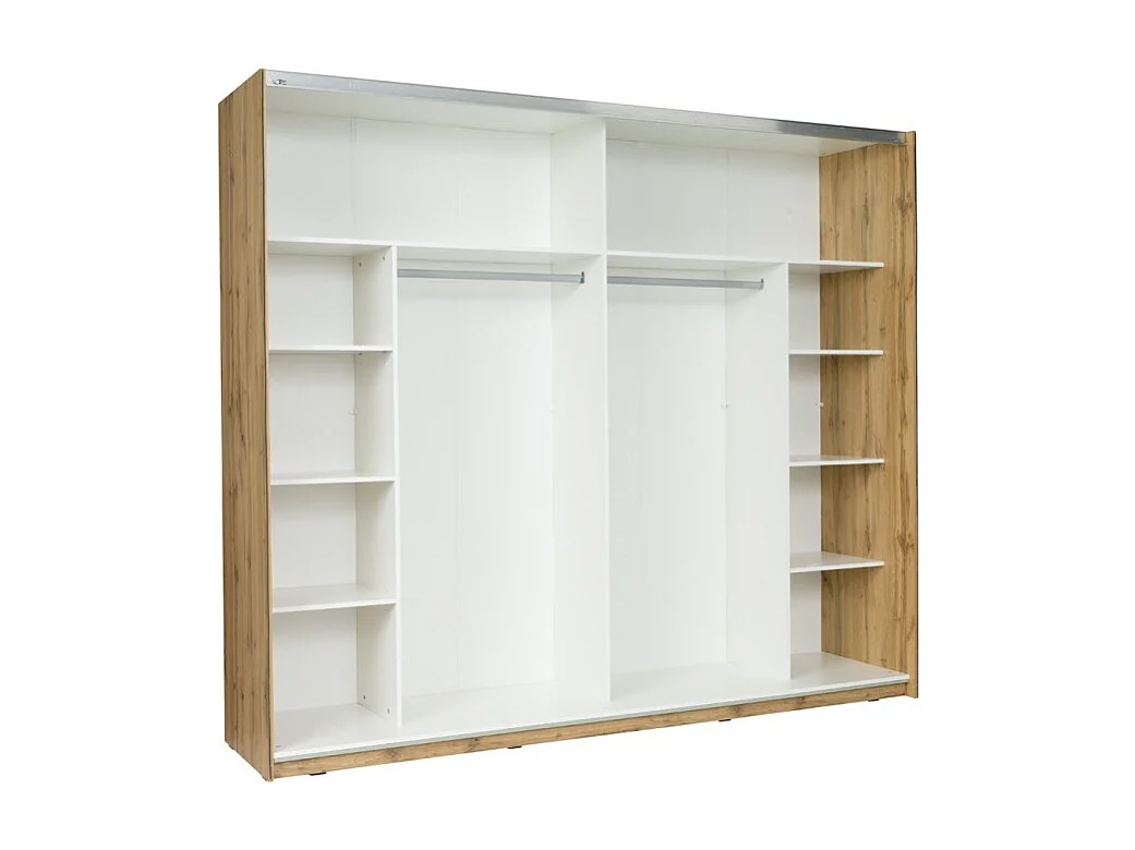 Kamer WOOD in eiken en wit kleur met een 160x200 LED-bed, commode, nachtkastjes en kledingkast