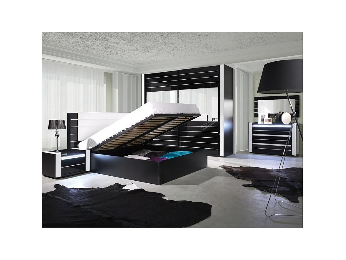 Design slaapkamerset LINA zwart. Boxspring bed 180x200 + 2 nachtkastjes met LED + ladekast met LED