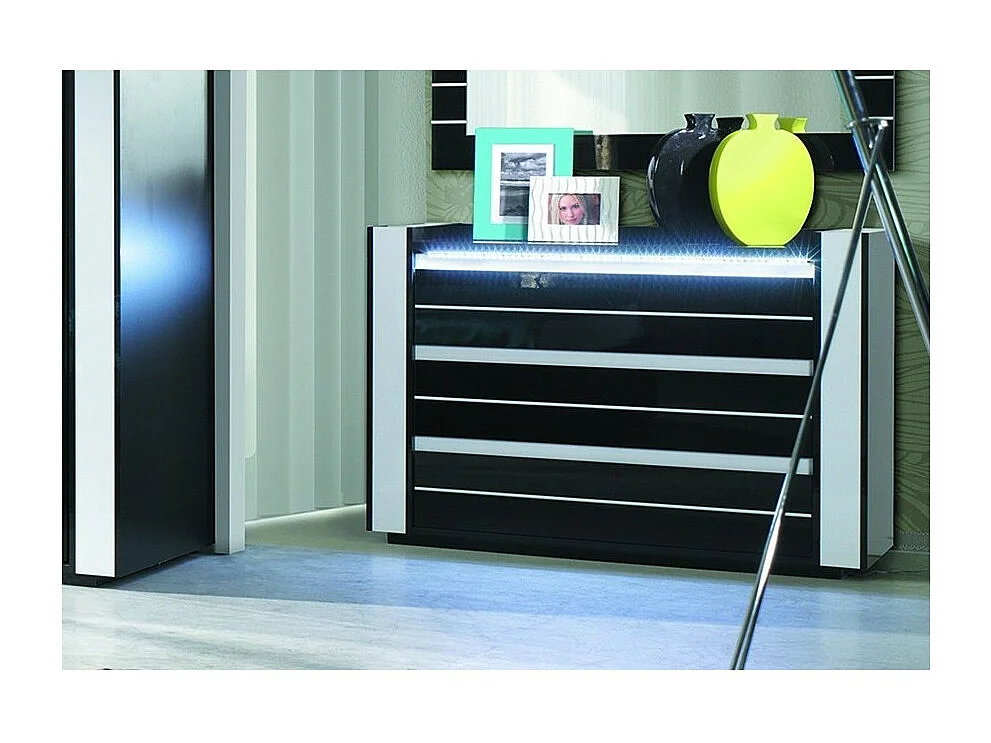 Conjunto design para quarto LINA preto. Cama baú 180x200 + 2 criados-mudos com LED + cômoda com LED