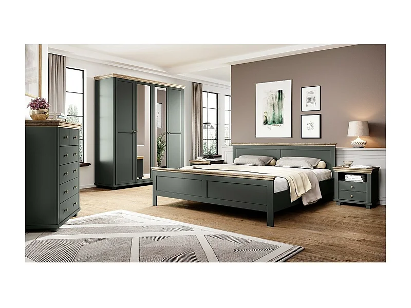 Chambre à coucher ASSIA : Armoire 200cm, Lit 180x200, commode, chevets. Coloris vert kaki et  chêne.