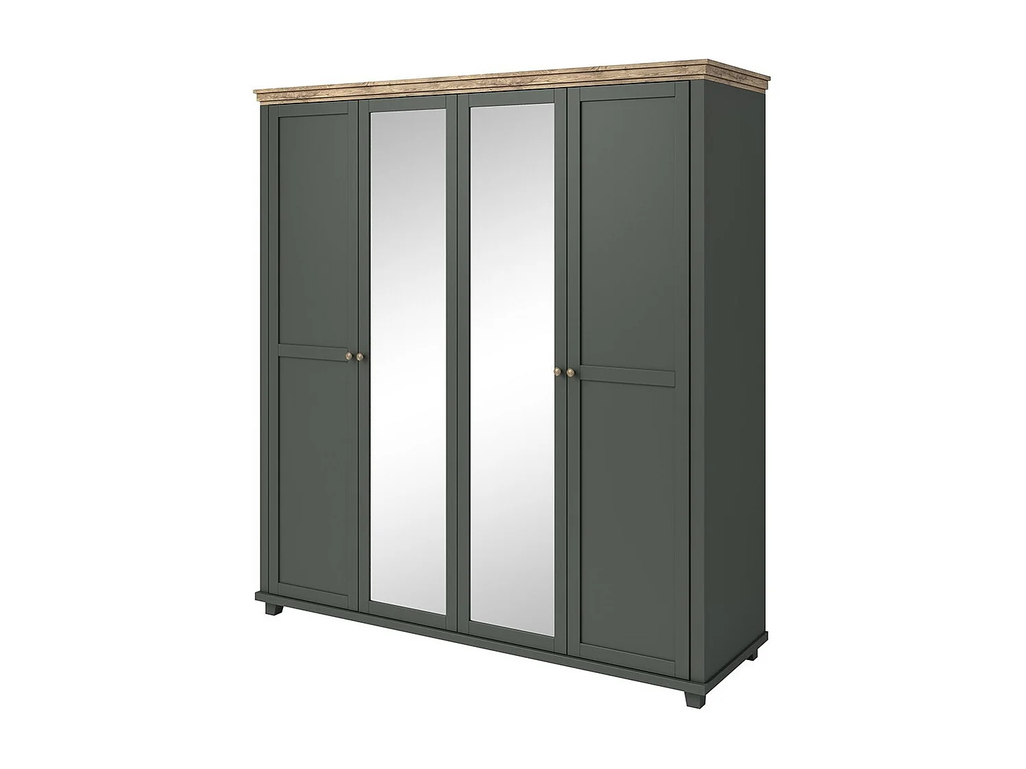 Chambre à coucher ASSIA : Armoire 200cm, Lit 180x200, commode, chevets. Coloris vert kaki et  chêne.