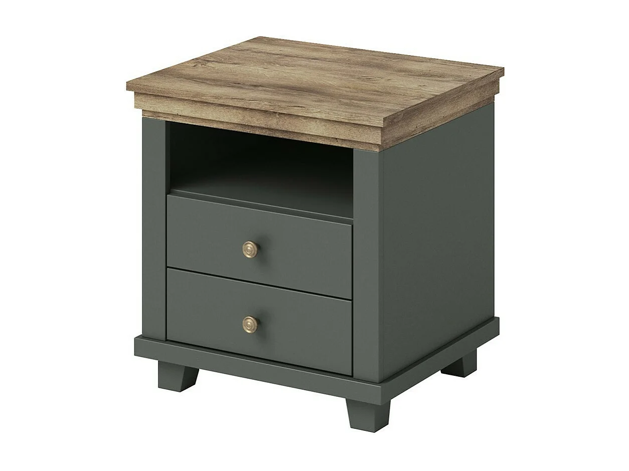 Chambre à coucher ASSIA : Armoire 200cm, Lit 180x200, commode, chevets. Coloris vert kaki et  chêne.