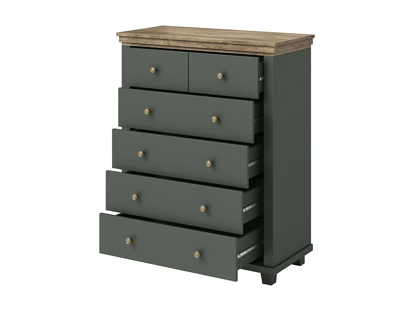 Chambre à coucher ASSIA : Armoire 200cm, Lit 180x200, commode, chevets. Coloris vert kaki et  chêne.