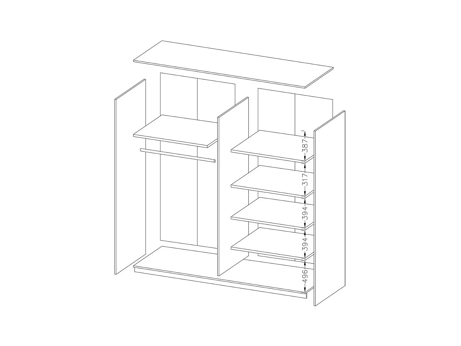 Slaapkamer EOS: Kast 200cm, Bed 160x200, dressoir, nachtkastjes. Kleur donkere eik en zwart.