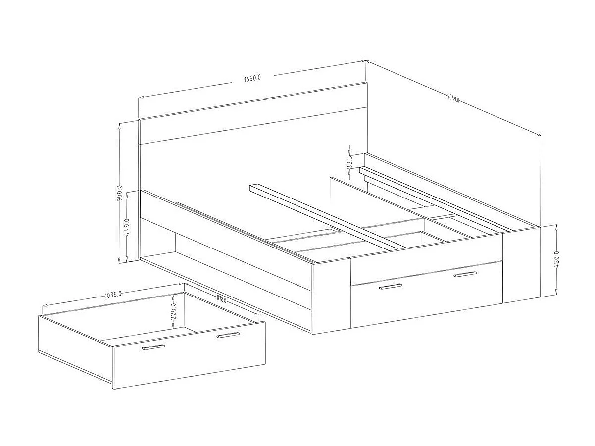 Slaapkamer EOS: Kast 200cm, Bed 160x200, dressoir, nachtkastjes. Kleur donkere eik en zwart.