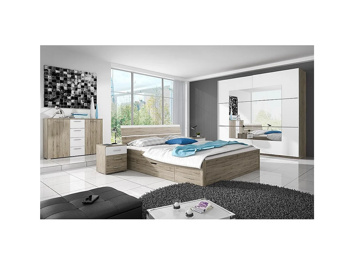 Chambre à coucher EOS : Armoire, Lit 180x200, commode, chevets. Couleur chêne clair et blanc