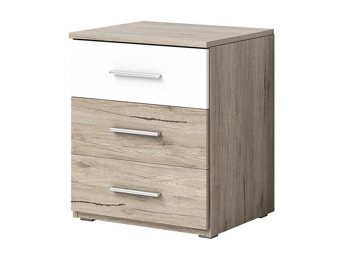 Schlafzimmer EOS: Schrank, Bett 180x200, Kommode, Nachttische. Farbe helles Eichenholz und Weiß.