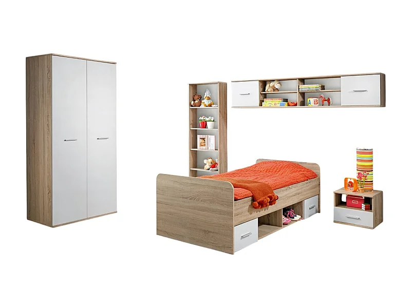 Komplettes Kinder- und Jugendzimmer, Kollektion DENVER. Kleiderschrank, Bett, Bücherregal, Nachttisch und Regal.