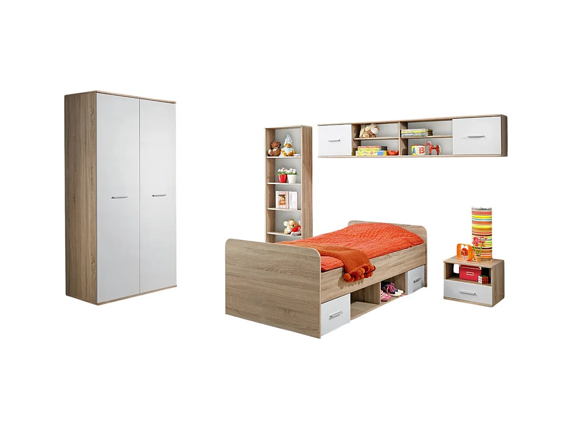 Complete kinder- of tienerkamer, collectie DENVER. Kledingkast, bed, boekenkast, nachtkastje en plank.