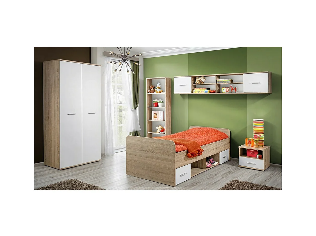 Complete kinder- of tienerkamer, collectie DENVER. Kledingkast, bed, boekenkast, nachtkastje en plank.