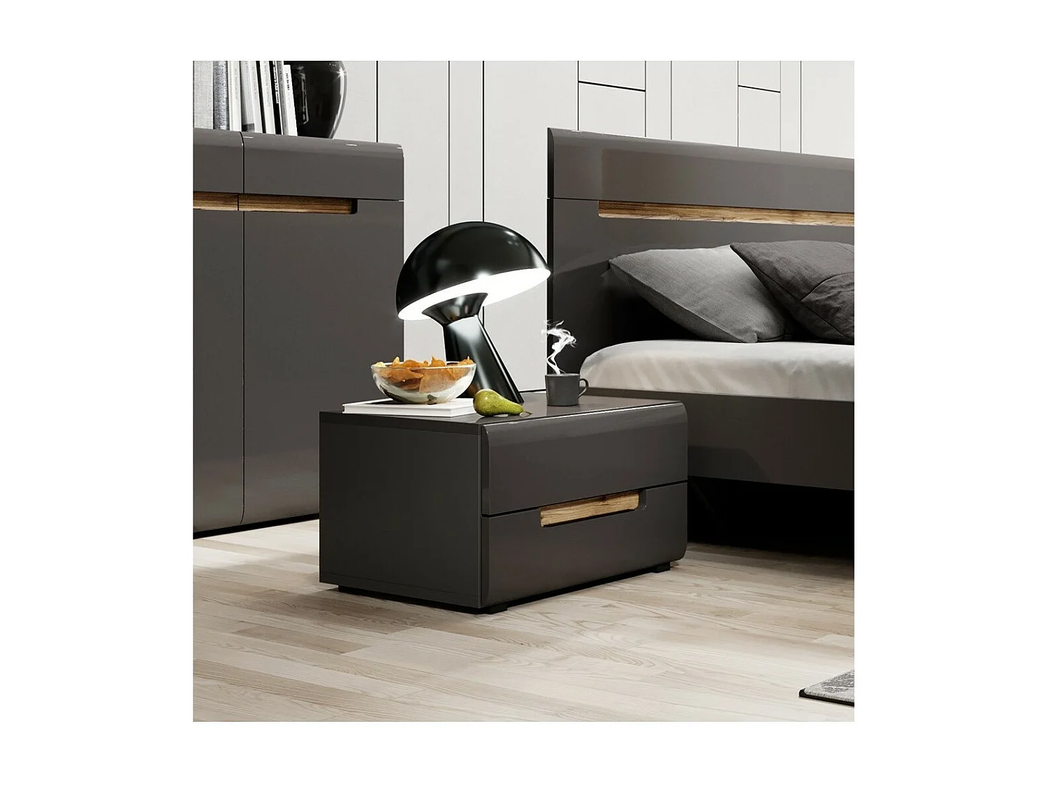 Slaapkamer LUCIA: Kledingkast met 5 deuren + Bed 160x200 + 2 Nachtkastjes. Kleur grijs en eiken.