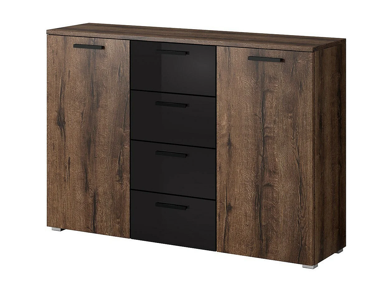 Slaapkamer FLOYD: Kledingkast 200cm, Bed 160x200, Dressoir, Nachtkastjes. Kleur donker eiken en glanzend zwart.
