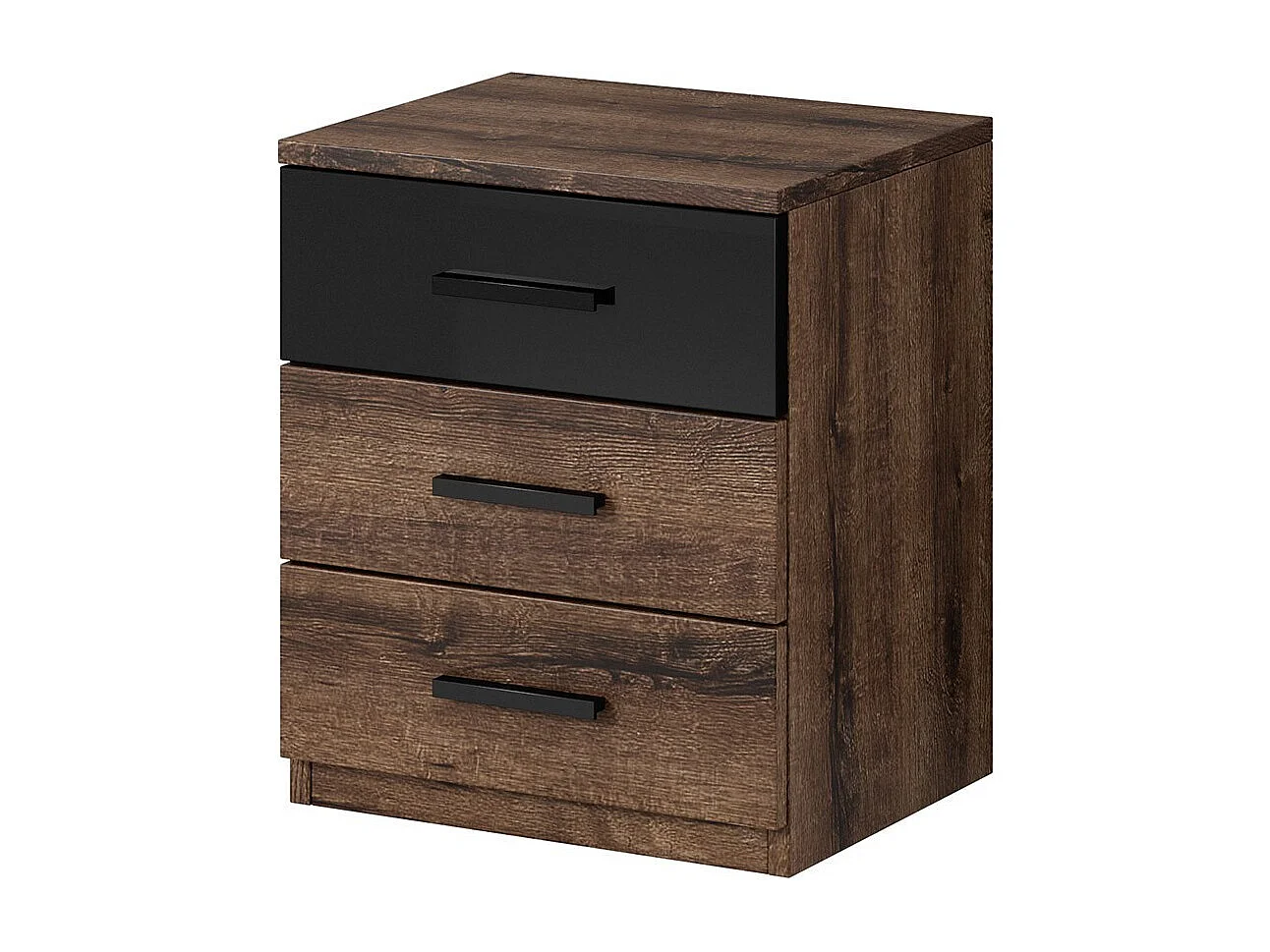 Slaapkamer FLOYD: Kledingkast 200cm, Bed 160x200, Dressoir, Nachtkastjes. Kleur donker eiken en glanzend zwart.