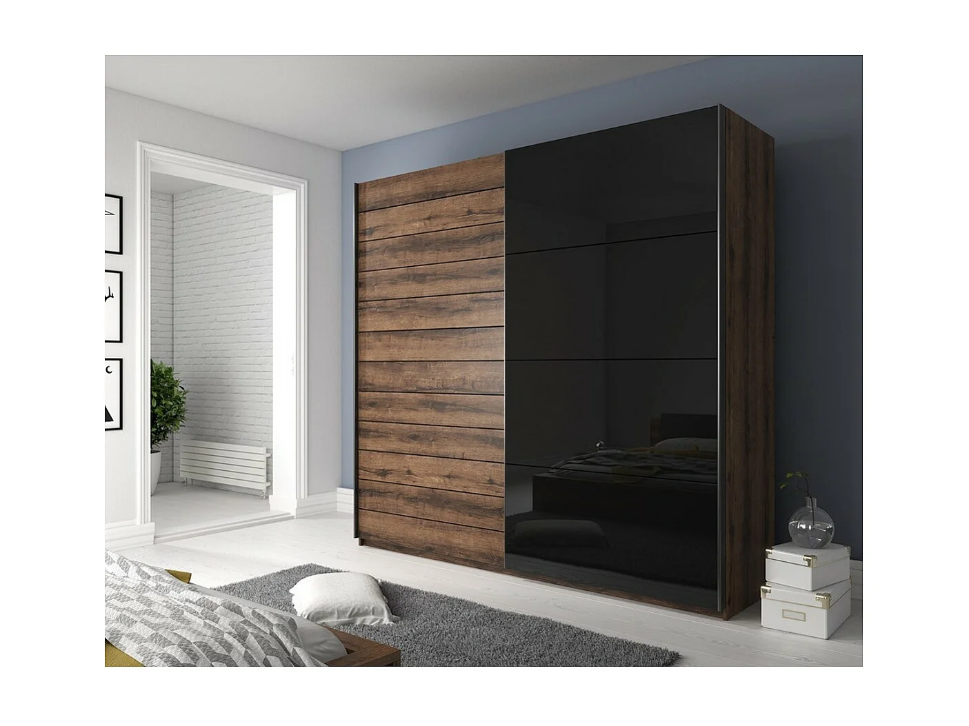 Slaapkamer FLOYD: Kledingkast 200cm, Bed 160x200, Dressoir, Nachtkastjes. Kleur donker eiken en glanzend zwart.