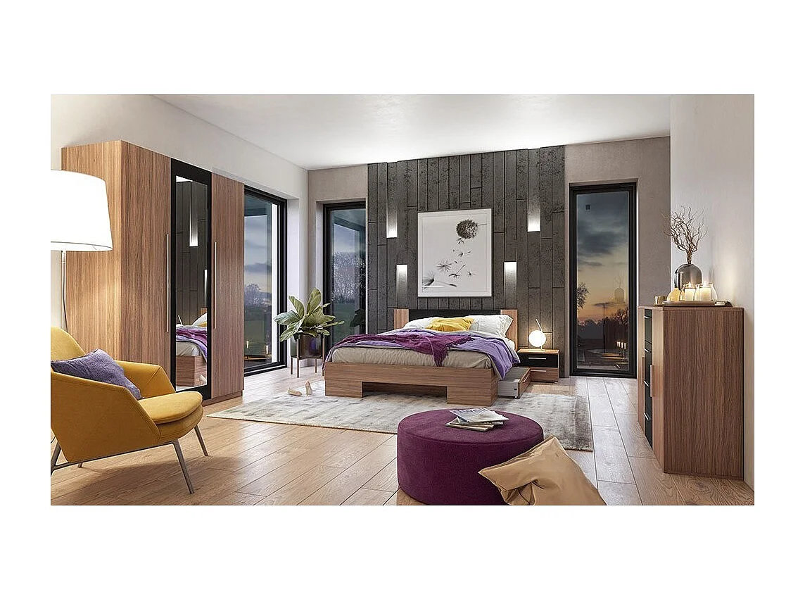 Chambre complète Irina coloris red wallnut et noir : Lit 180x200 cm + armoire + commode + chevets.