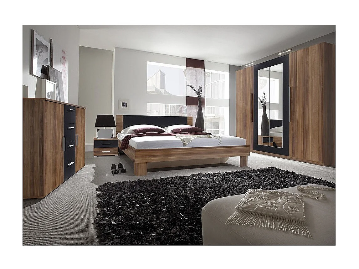 Chambre complète Irina coloris red wallnut et noir : Lit 180x200 cm + armoire + commode + chevets.