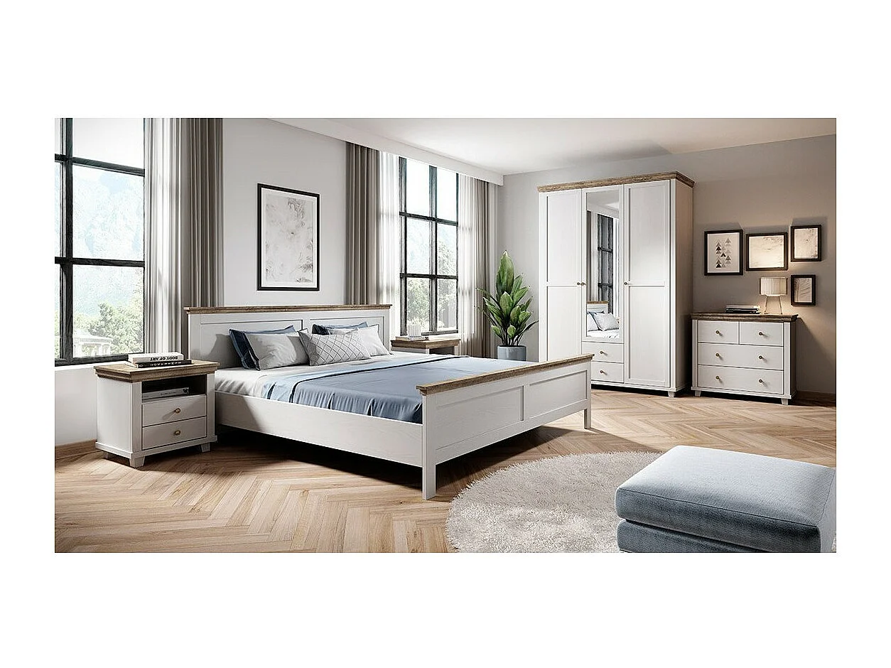 Chambre à coucher ASSIA : Armoire 150cm, Lit 160x200, commode, chevets. Coloris blanc et  chêne.