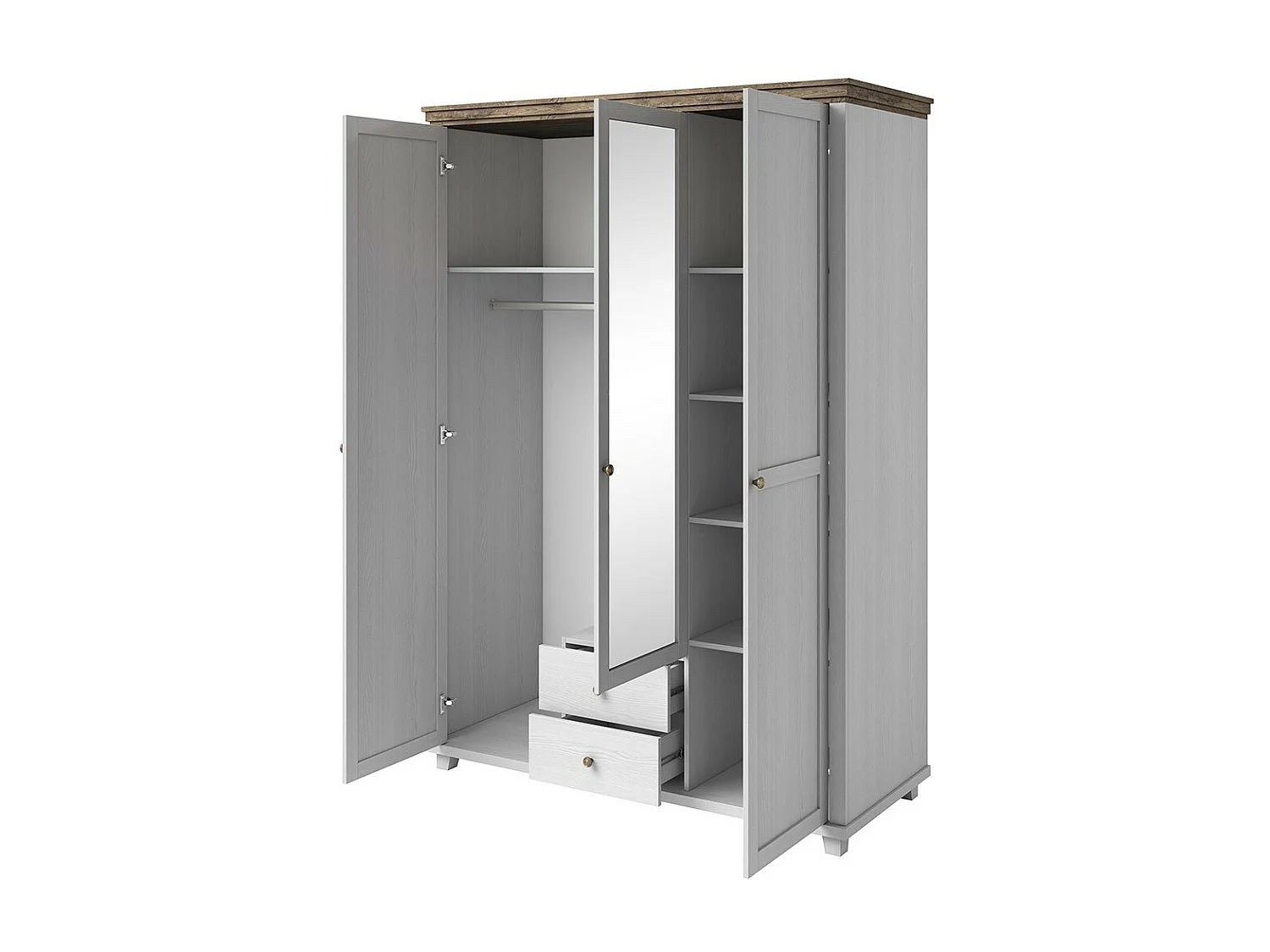 Chambre à coucher ASSIA : Armoire 150cm, Lit 160x200, commode, chevets. Coloris blanc et  chêne.