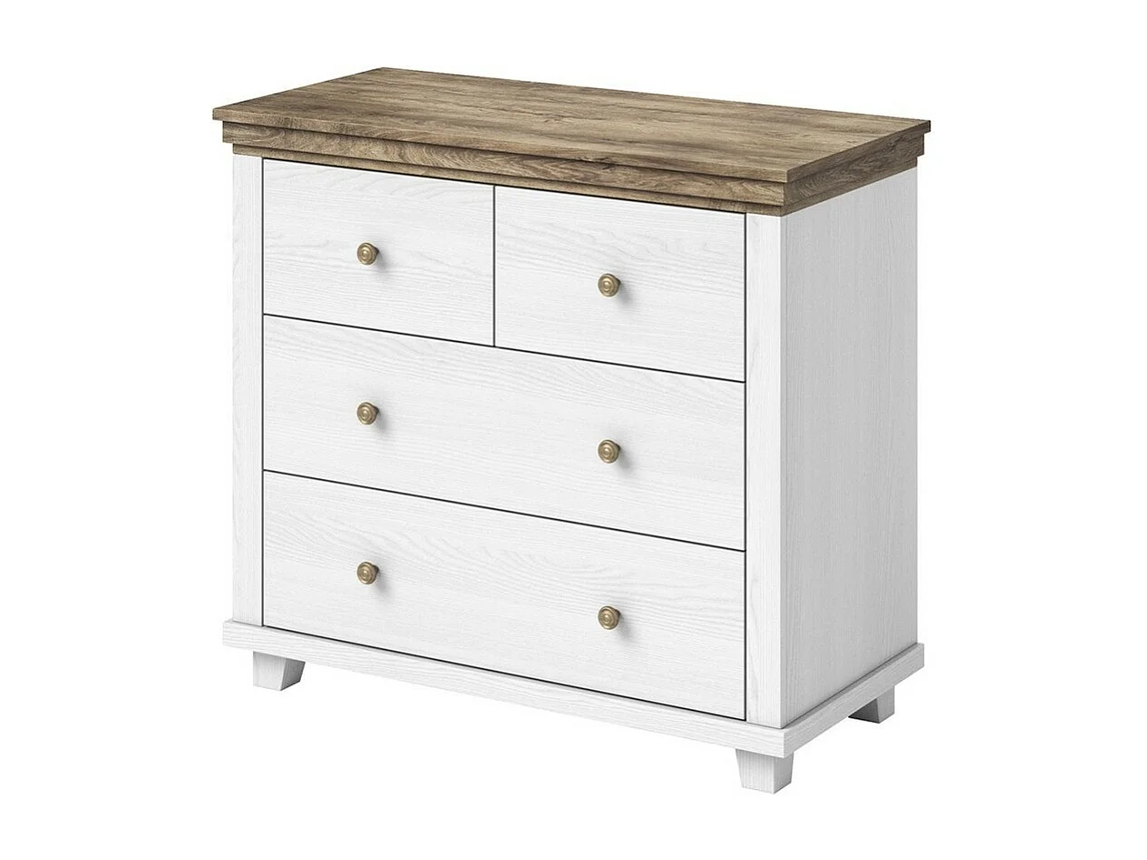 Chambre à coucher ASSIA : Armoire 150cm, Lit 160x200, commode, chevets. Coloris blanc et  chêne.