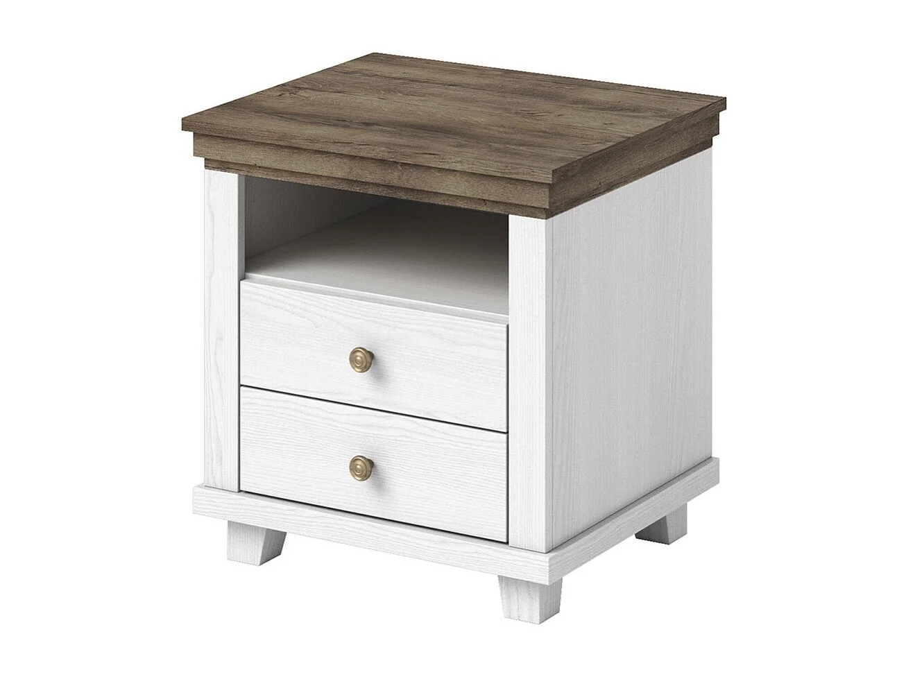 Chambre à coucher ASSIA : Armoire 150cm, Lit 160x200, commode, chevets. Coloris blanc et  chêne.