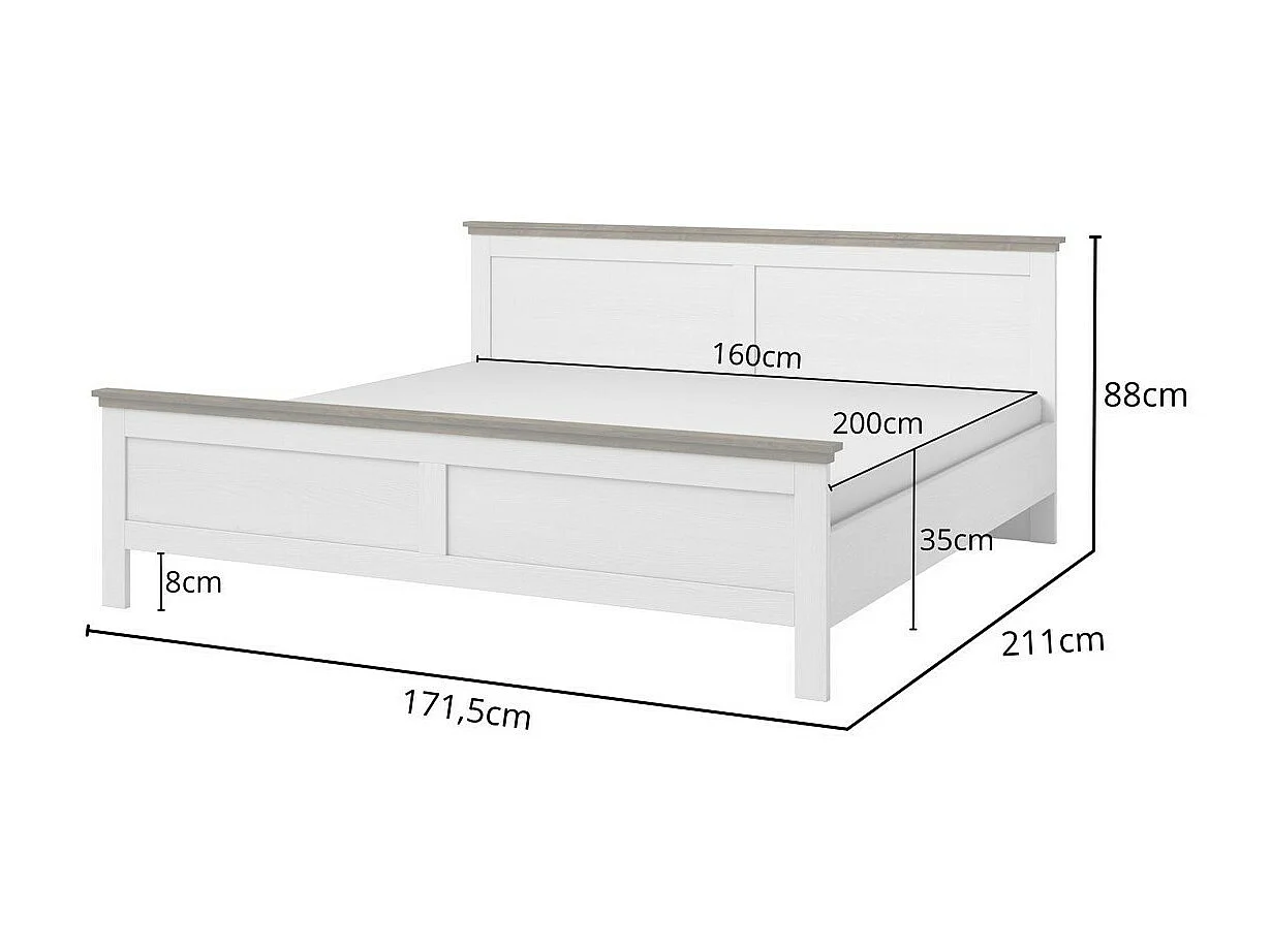 Chambre à coucher ASSIA : Armoire 150cm, Lit 160x200, commode, chevets. Coloris blanc et  chêne.