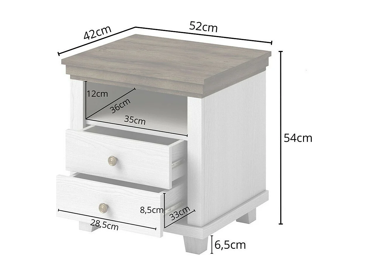 Chambre à coucher ASSIA : Armoire 150cm, Lit 160x200, commode, chevets. Coloris blanc et  chêne.