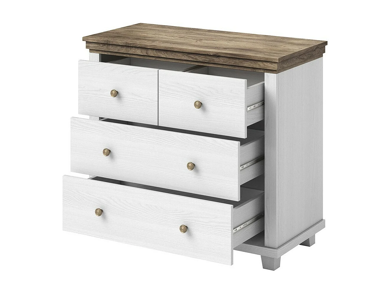 Chambre à coucher ASSIA : Armoire 150cm, Lit 160x200, commode, chevets. Coloris blanc et  chêne.