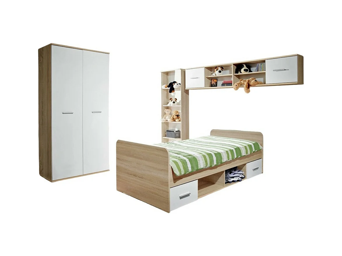 Chambre complète enfant, ado - DENVER - Armoire, Lit, bibliothèque et étagère