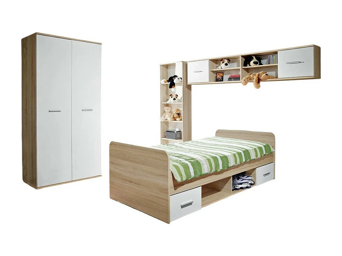 Chambre complète enfant, ado - DENVER - Armoire, Lit, bibliothèque et étagère