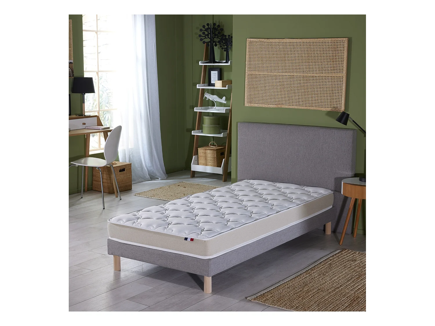 Ensemble Matelas Mousse Haute Résilience ESSENCE + Latex 3 zones +Sommier - Made in France Dimensions - 90 x 190 cm, Sommier - Gris chiné
