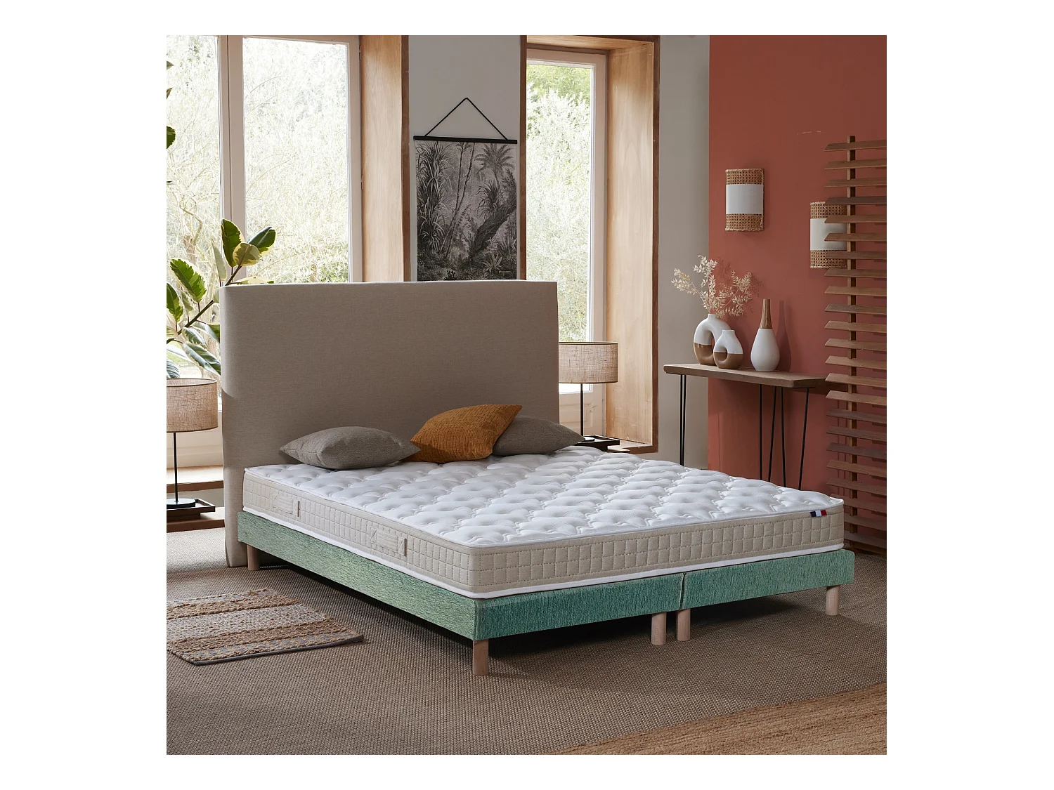Ensemble matelas 100% latex 3 zones PURE avec sommier - confort français Dimensions - 2x80 x 200 cm, Sommier - Vert celadon
