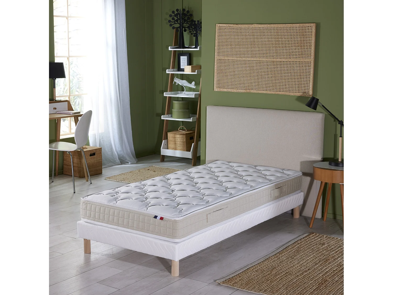 Ensemble matelas 100% latex 3 zones PURE avec sommier - confort français Dimensions - 90 x 190 cm, Sommier - Blanc