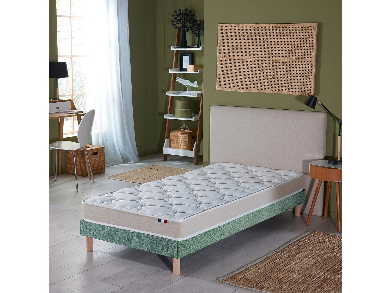 Ensemble Matelas Mousse Haute Résilience ESSENCE + Latex 3 zones +Sommier - Made in France Dimensions - 90 x 190 cm, Sommier - Vert celadon