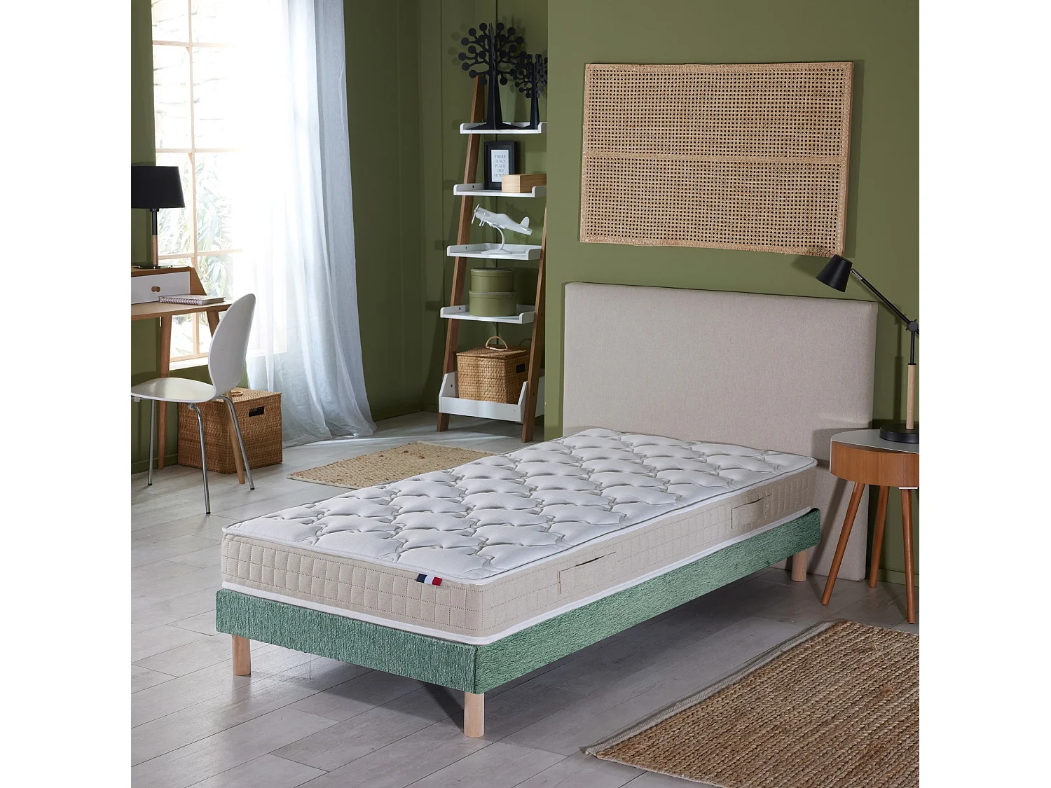 Ensemble matelas 100% latex 3 zones PURE avec sommier - confort français Dimensions - 90 x 190 cm, Sommier - Vert celadon
