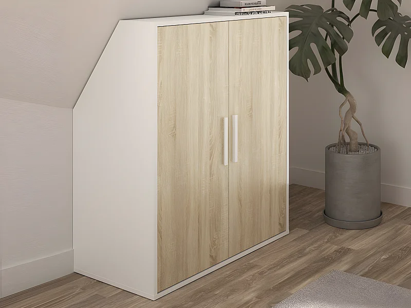 Armoire sous pente 2 portes - Blanc et naturel - ADEZIO