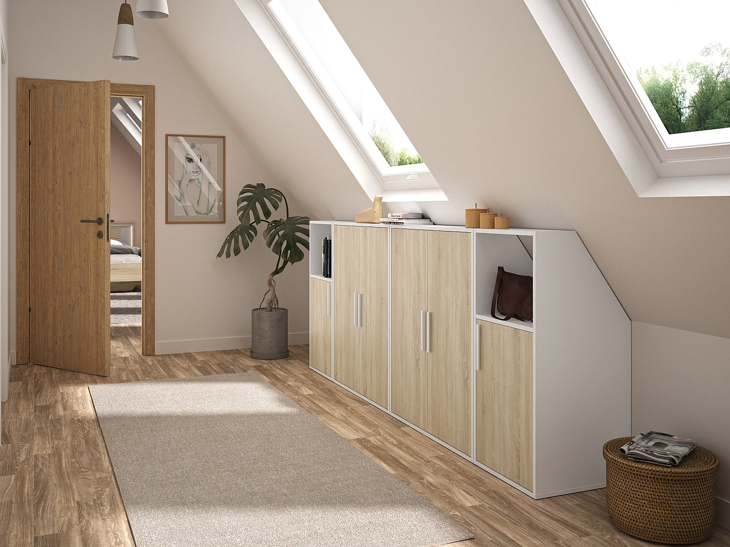 Armário com inclinação 2 portas branco e natural - ADEZIO