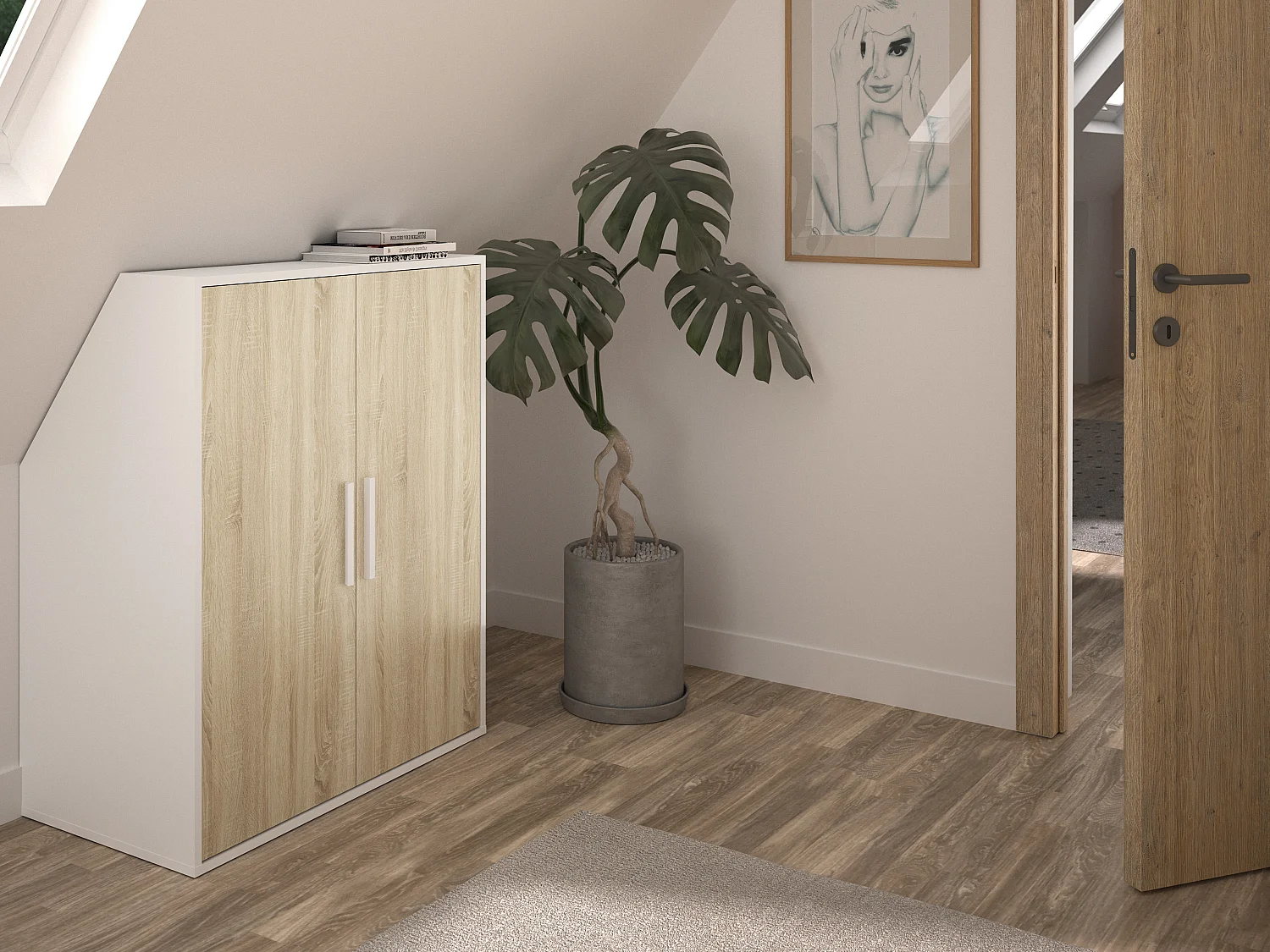 Armoire sous pente 2 portes - Blanc et naturel - ADEZIO